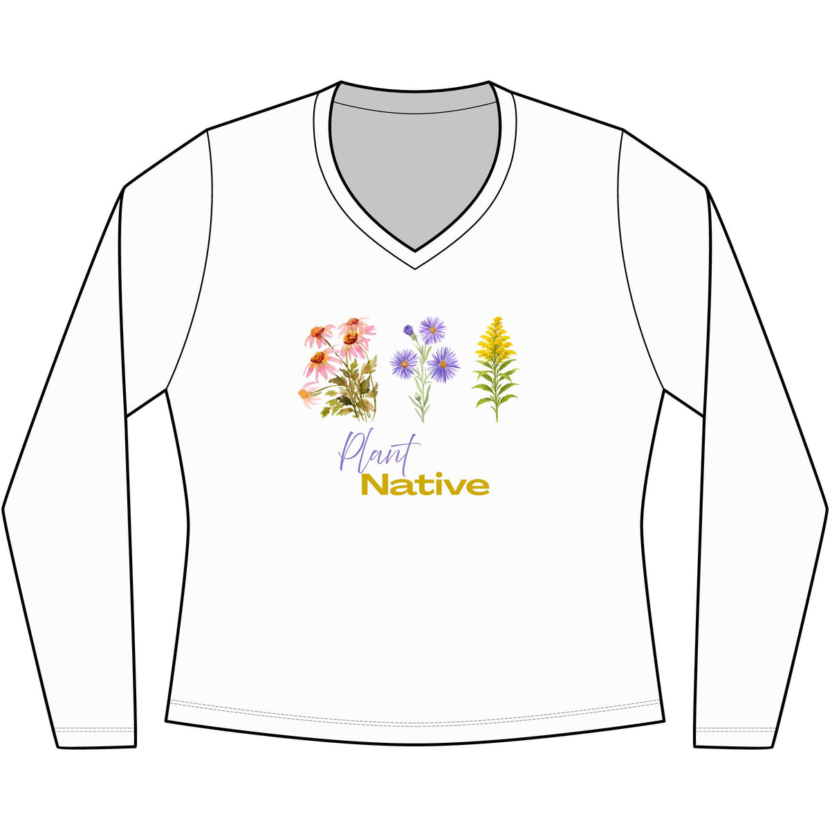 V-Neck Long Sleeve Tee — 'Plant Native' Wildflower Graphic