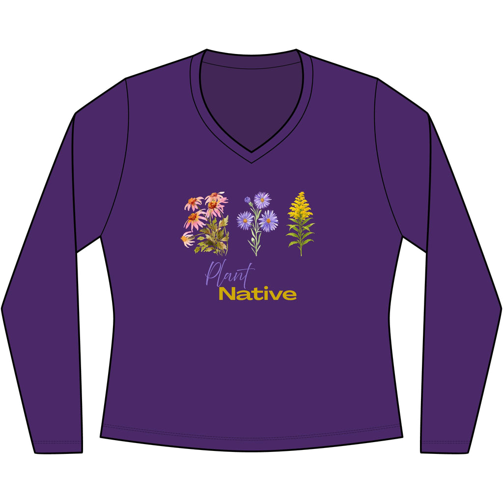 V-Neck Long Sleeve Tee — 'Plant Native' Wildflower Graphic