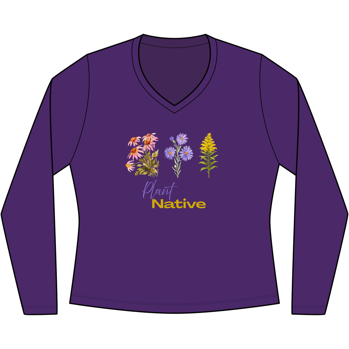 V-Neck Long Sleeve Tee — 'Plant Native' Wildflower Graphic