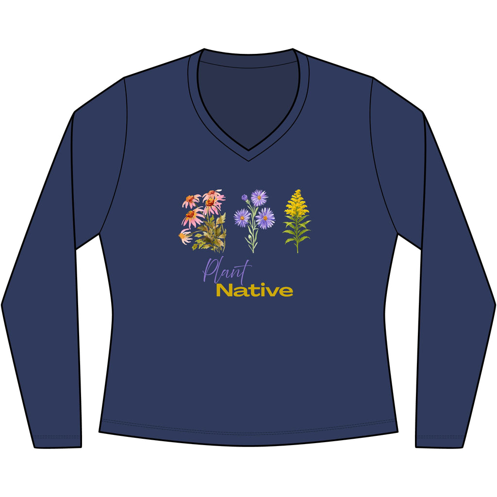 V-Neck Long Sleeve Tee — 'Plant Native' Wildflower Graphic