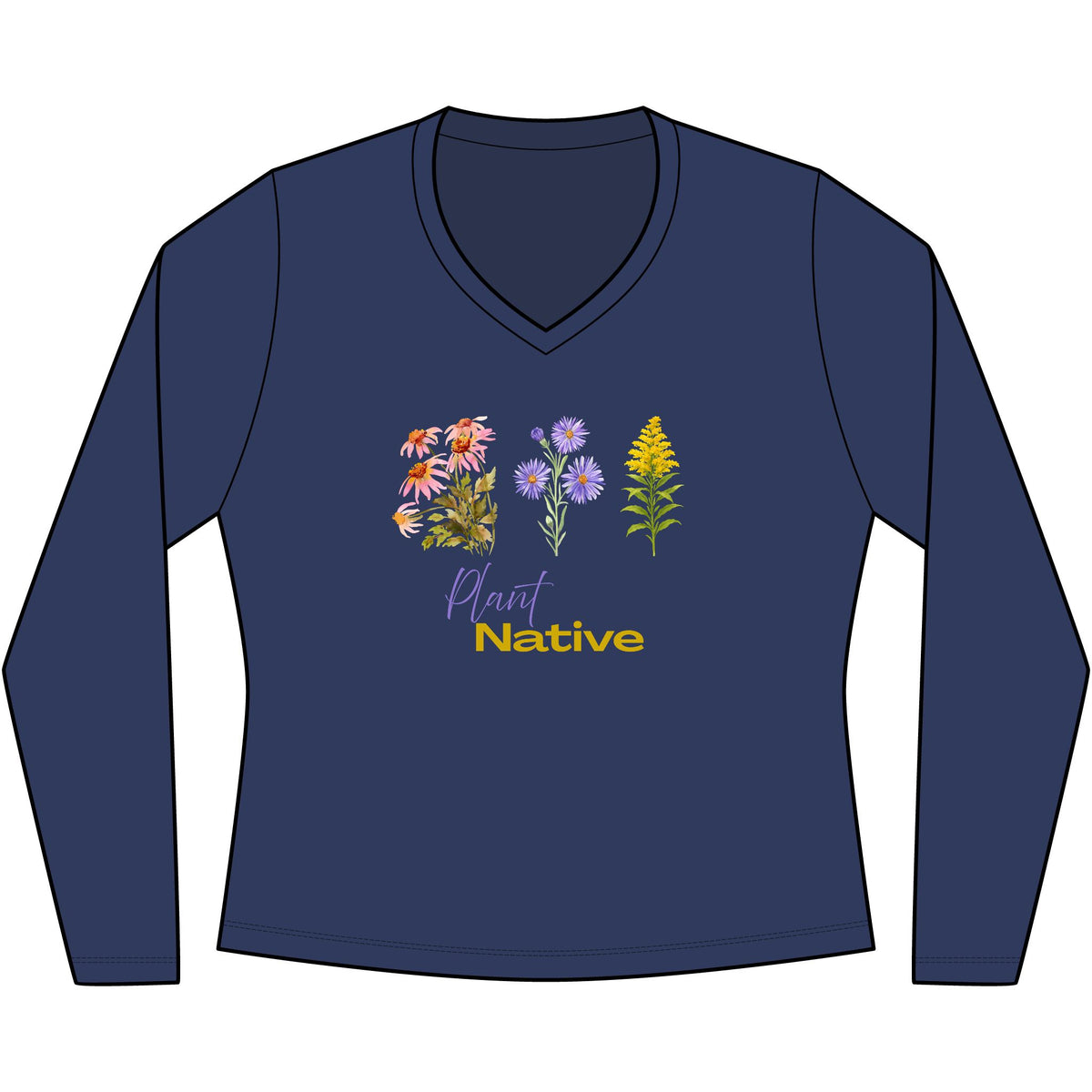 V-Neck Long Sleeve Tee — 'Plant Native' Wildflower Graphic