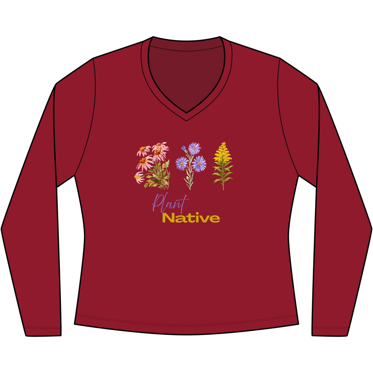 V-Neck Long Sleeve Tee — 'Plant Native' Wildflower Graphic