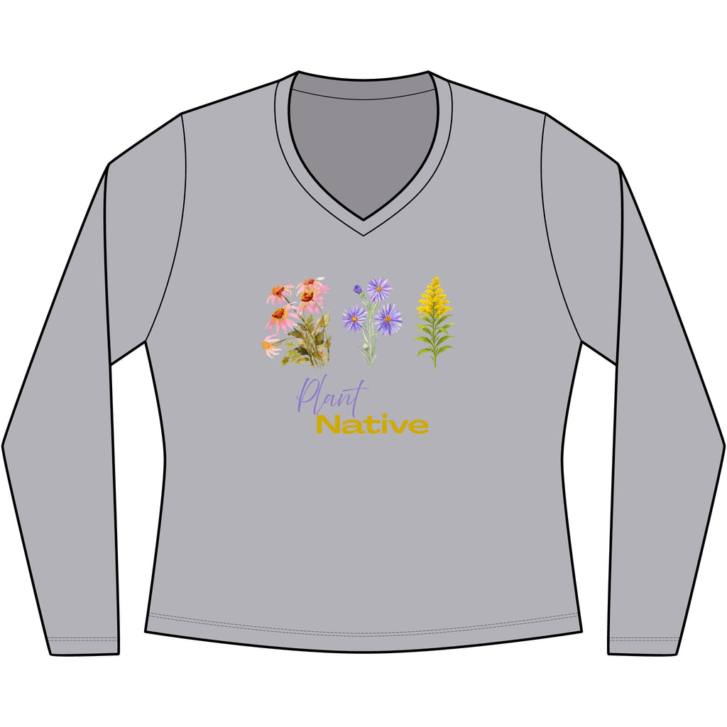 V-Neck Long Sleeve Tee — 'Plant Native' Wildflower Graphic