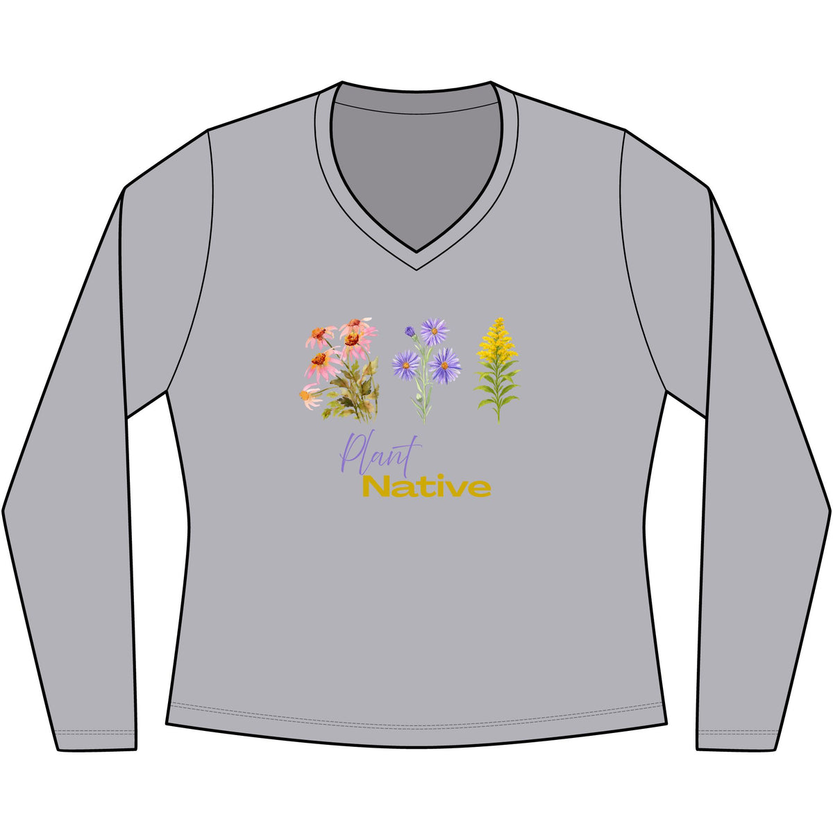 V-Neck Long Sleeve Tee — 'Plant Native' Wildflower Graphic
