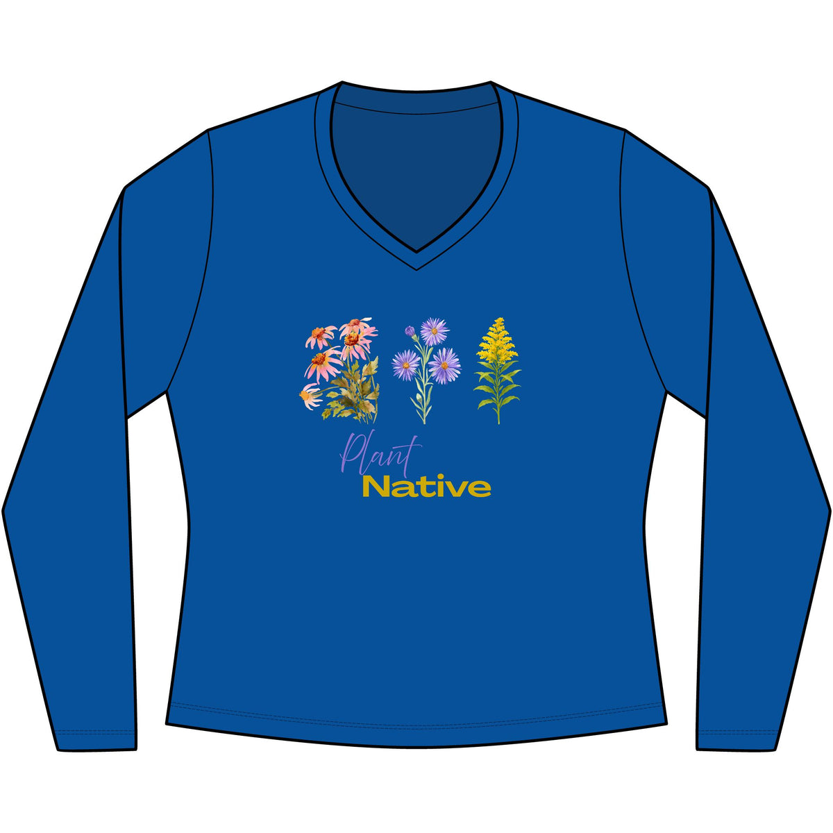 V-Neck Long Sleeve Tee — 'Plant Native' Wildflower Graphic